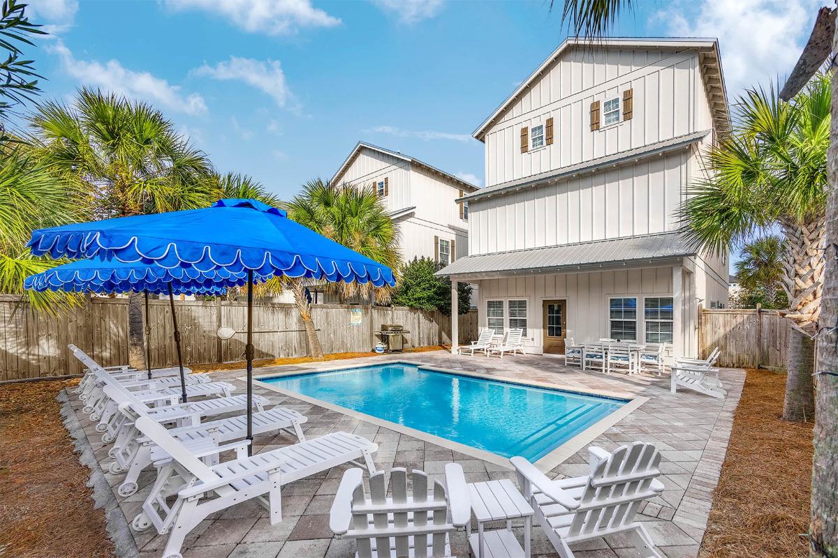 Serenity By The Sea vacation home exterior with private pool near Miramar Beach Regional Access