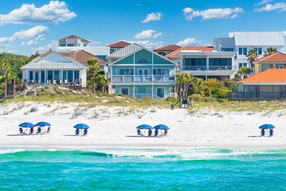 Seaspray 9 beachfront vacation home exterior with private pool and guest house in Miramar Beach