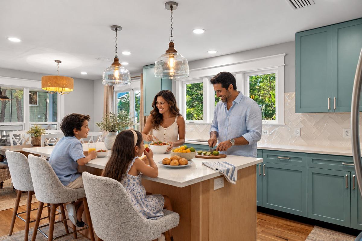 Endless Sunset 30A vacation home with a family gathering in the updated kitchen near Gulf Place and the beach.