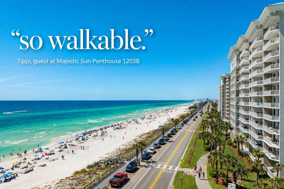 Walkability graphic: Guest review describing Majestic Sun's easy beach access and walkable location