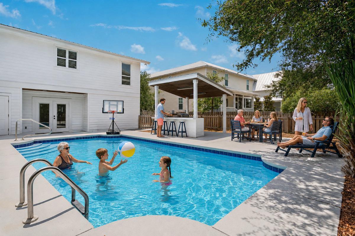 On Point 30A vacation home in Blue Mountain Beach with a private pool, cabana bar, and multi-generational family enjoying the backyard.