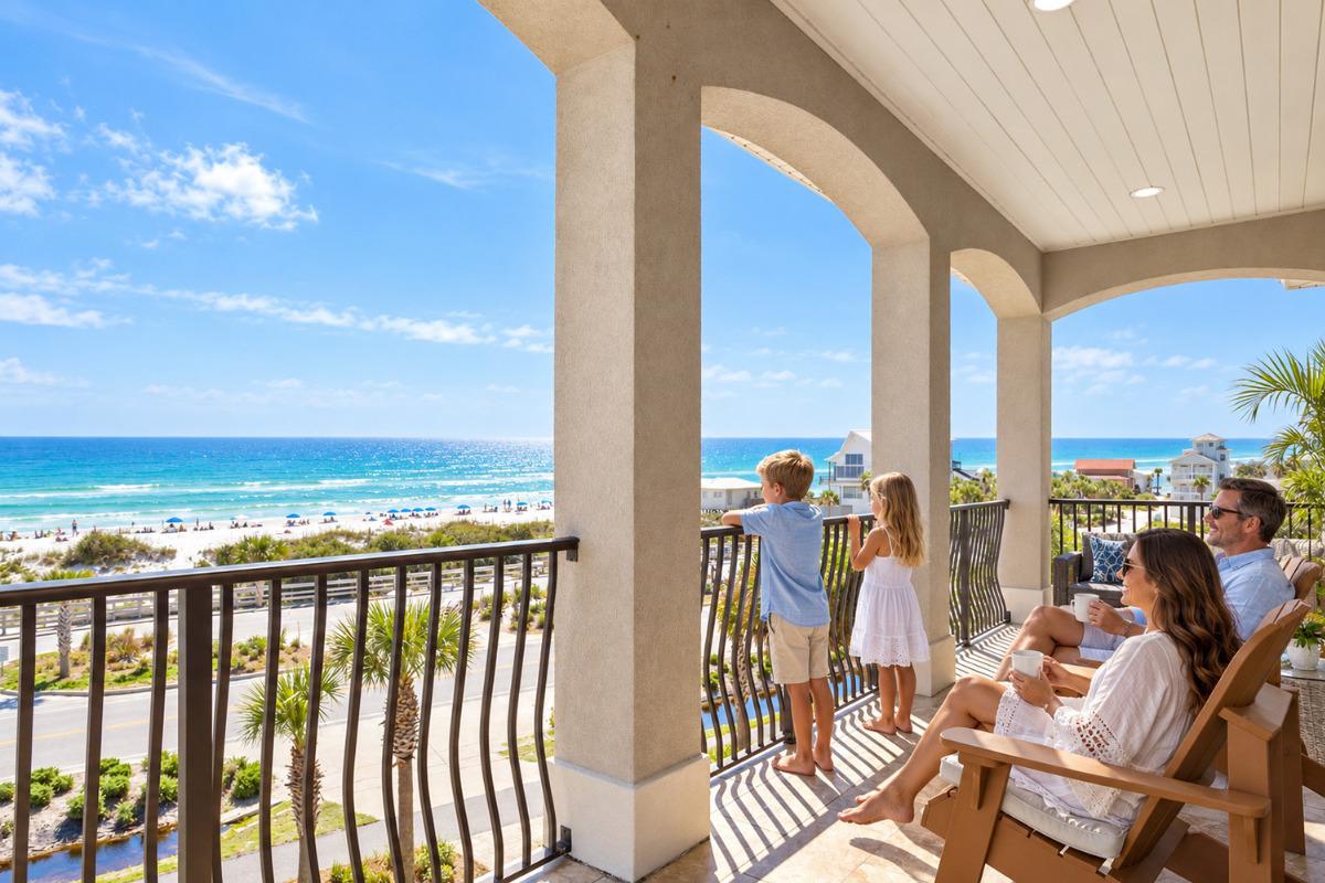 Sea Vue 30A vacation home in Dune Allen Beach with Gulf-view balcony and family enjoying the beachfront scenery.
