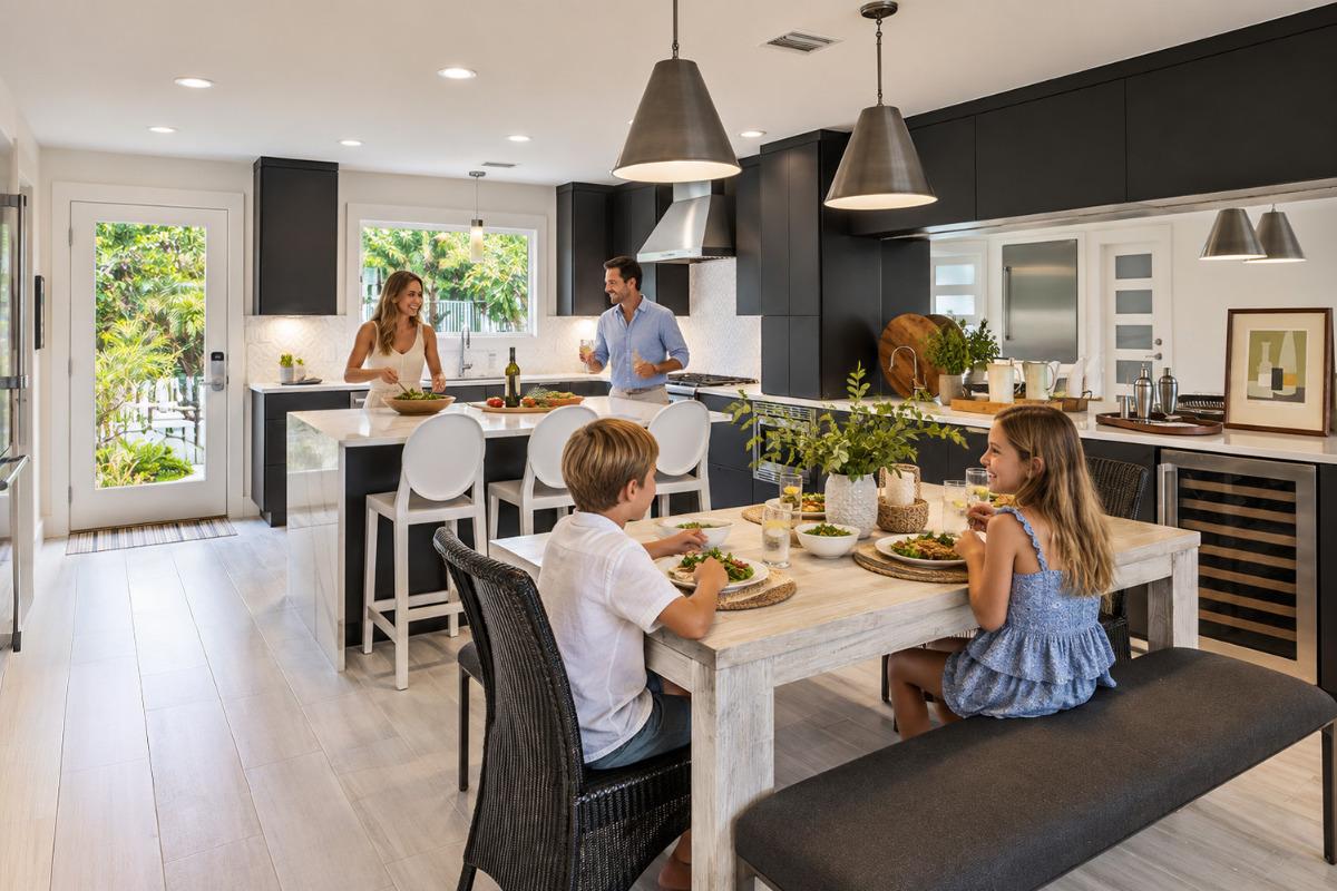 Seven Palms 30A vacation home with a family enjoying the modern kitchen and dining space in Dune Allen Beach.